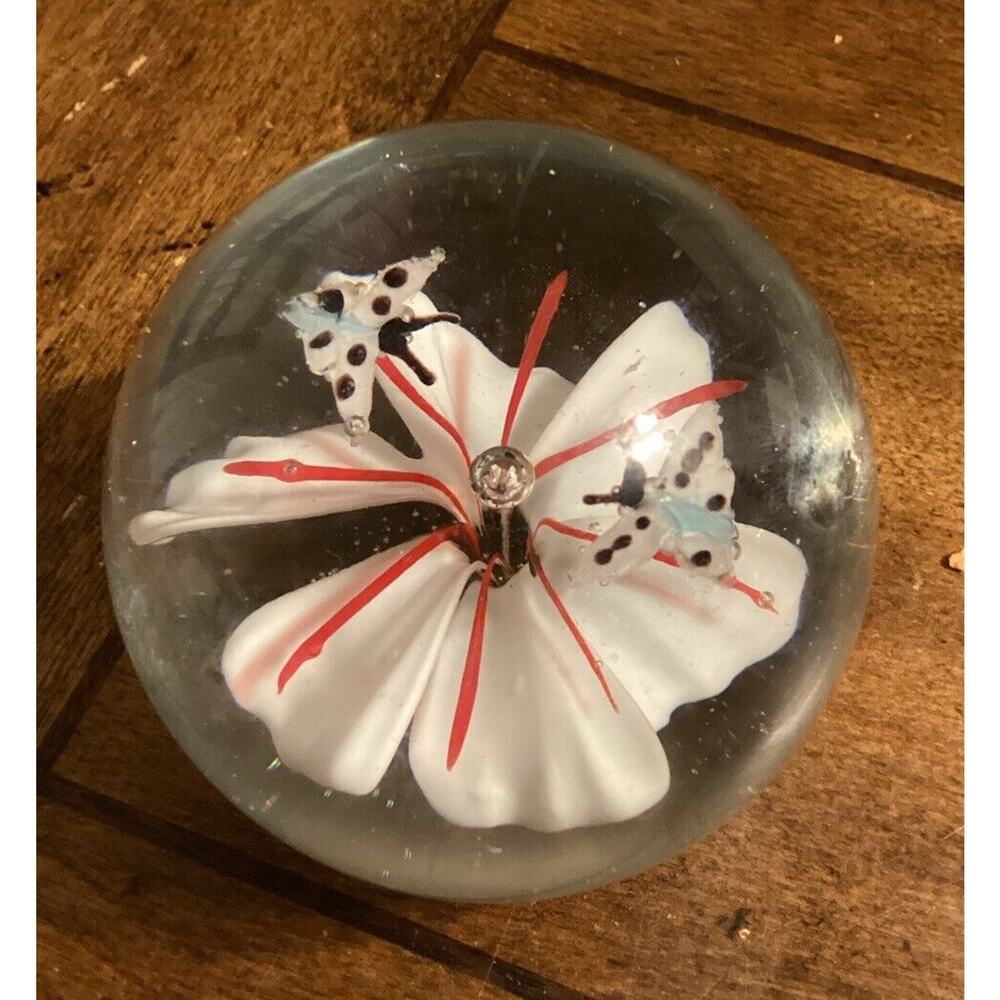 Murano? Flower Butterflies Paperweight BEAUTIFUL 3" White Red Blue